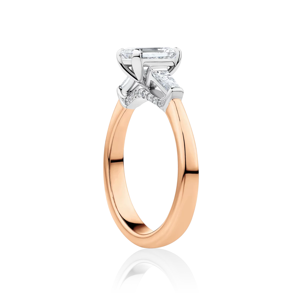 Grevillea-Side-Rose-Gold-Two-Tone-Diamond-Bridge-Trilogy-Emerald-Diamond-Engagement-Ring